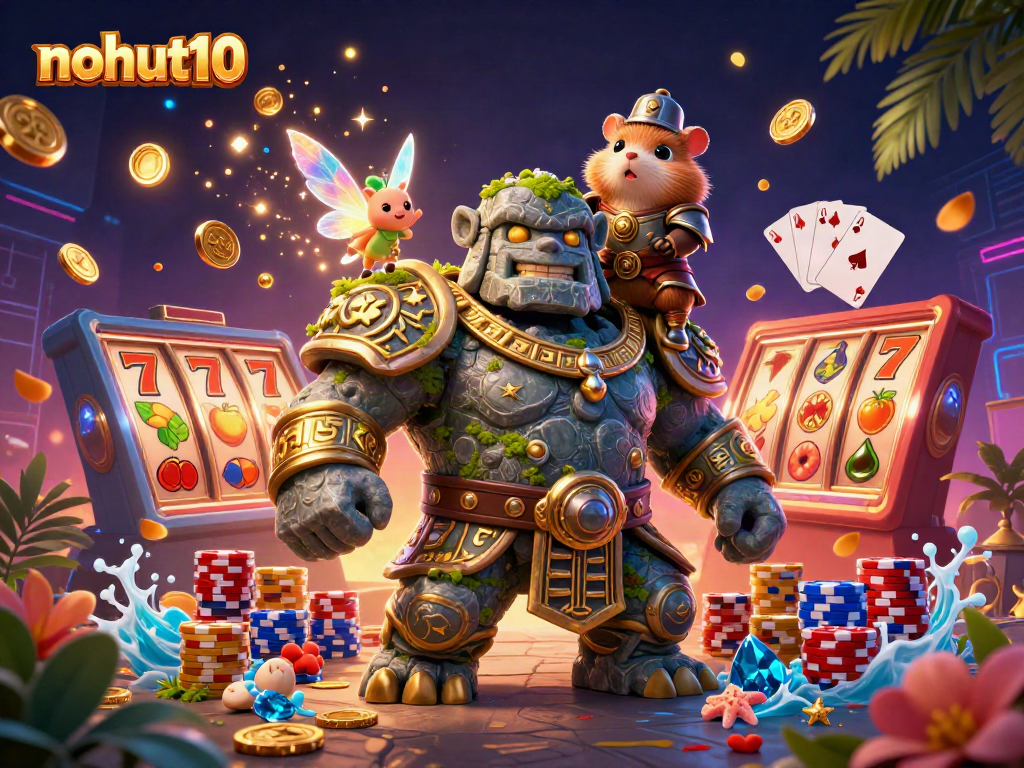 A vibrant nohut10 casino scene illustrating a golem, fairy, and hamster knight surrounded by slot machine elements and golden coins.