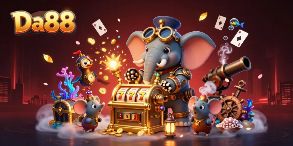Experience the thrilling gameplay of Da88 with a steampunk elephant winning on a golden slot machine.