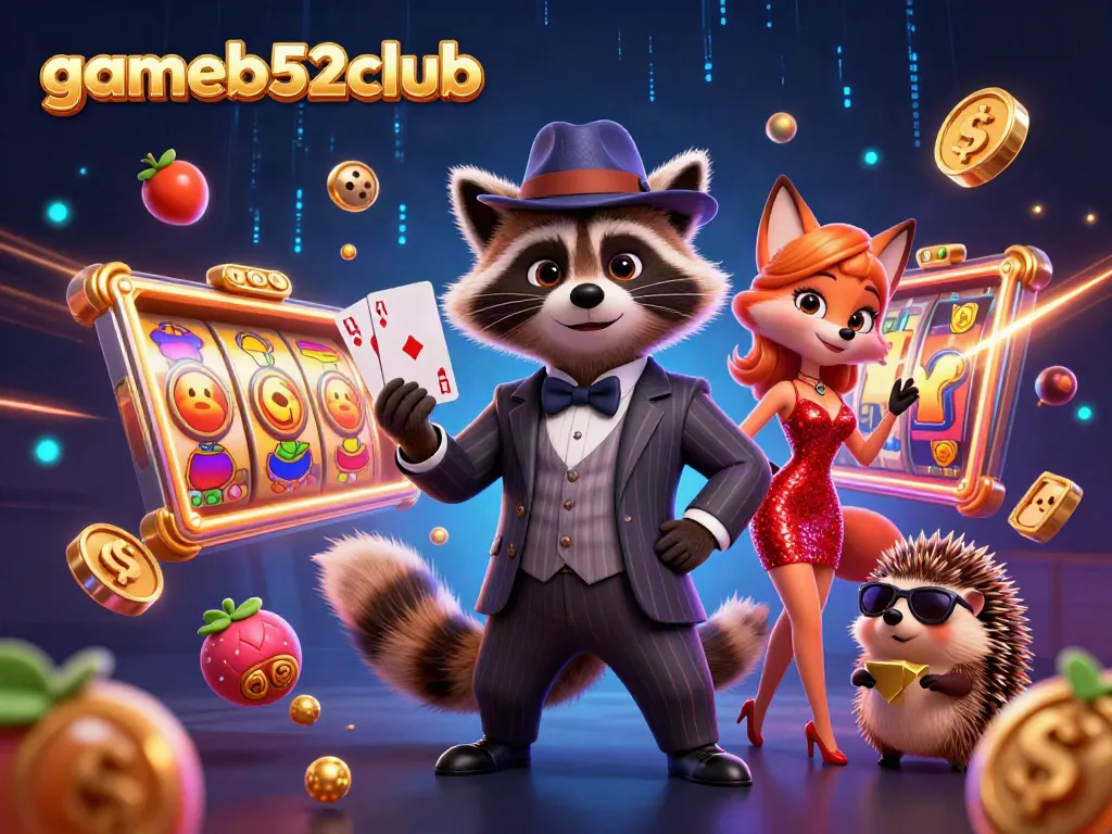Experience thrilling online casino excitement at gameb52club with this vibrant gaming illustration featuring dynamic slot game elements.