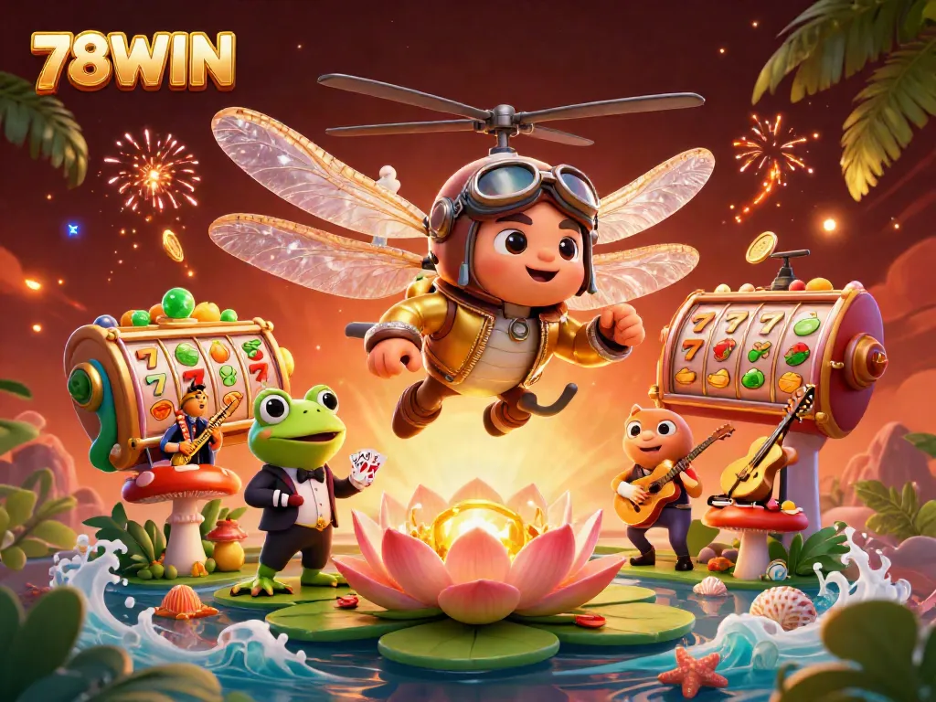 Engage with 78WIN's vibrant casino scene featuring a unique dragonfly pilot, froggy dealer, and lively musicians.