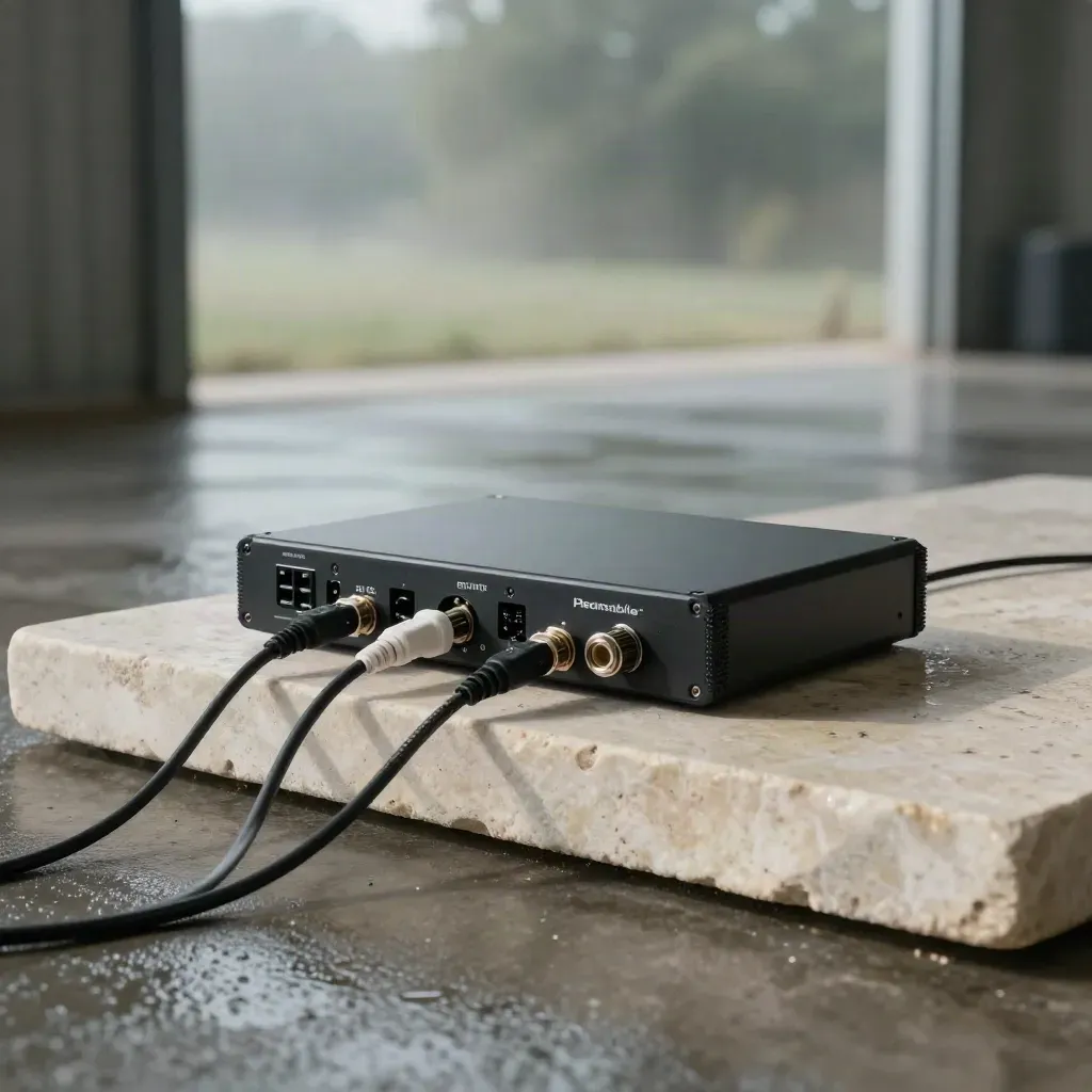 Matte-black encoder and cables on a rain-beaded stone plinth in a dawn loading bay