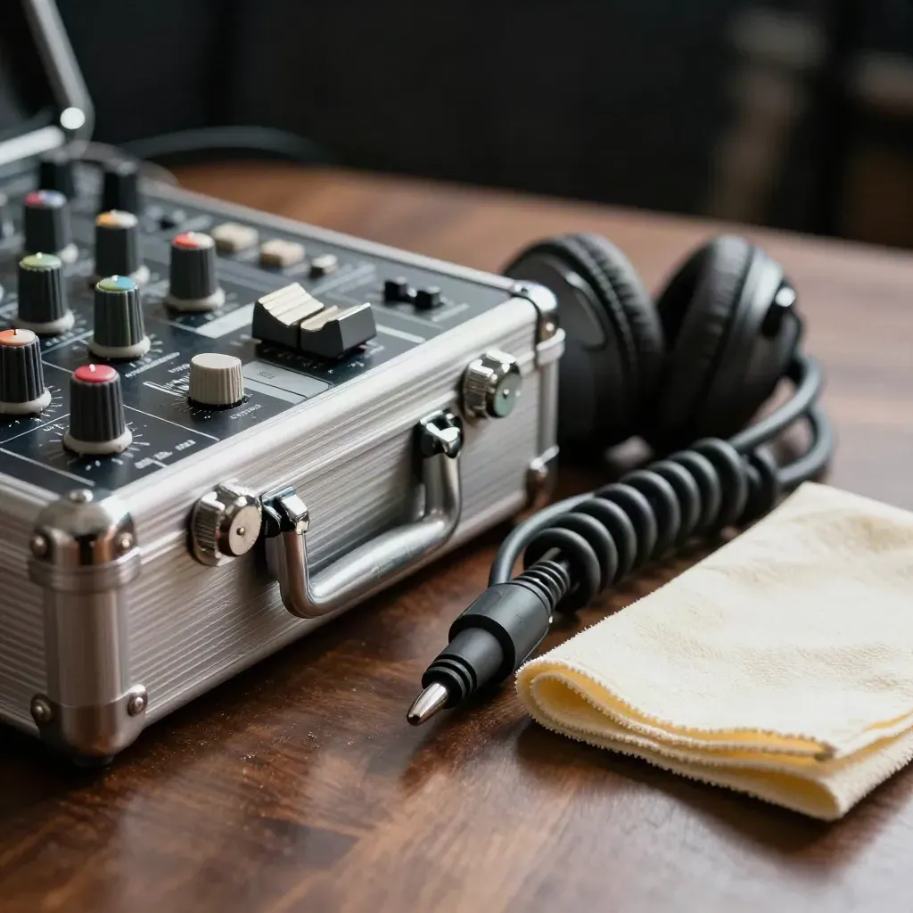 Close-up of production comms gear on walnut with cables, knobs and cloth in dramatic studio light