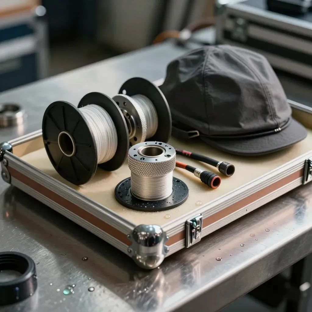 Open transmission flight case with fiber spools, SDI barrels and a weather hood on brushed metal.