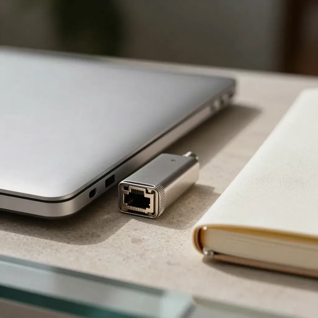 Closed laptop with metal dongle, ethernet coupler and notebook on pale stone, seen through glass