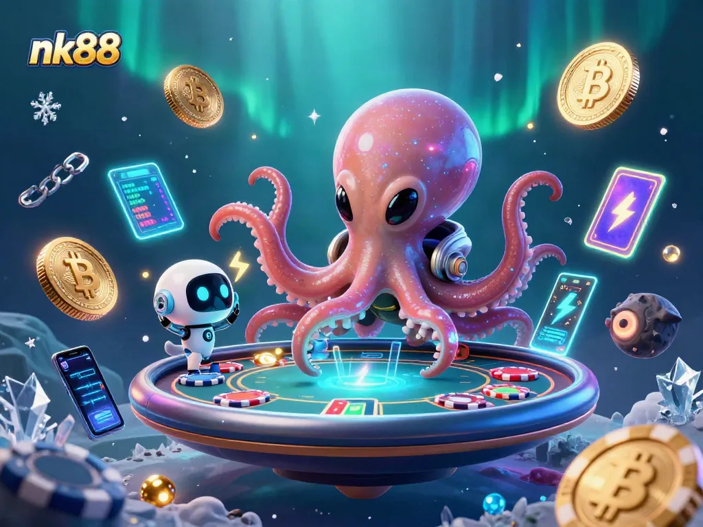 Experience exciting gameplay at nk88 with a vibrant poker scene featuring an alien octopus and cryptocurrency elements.