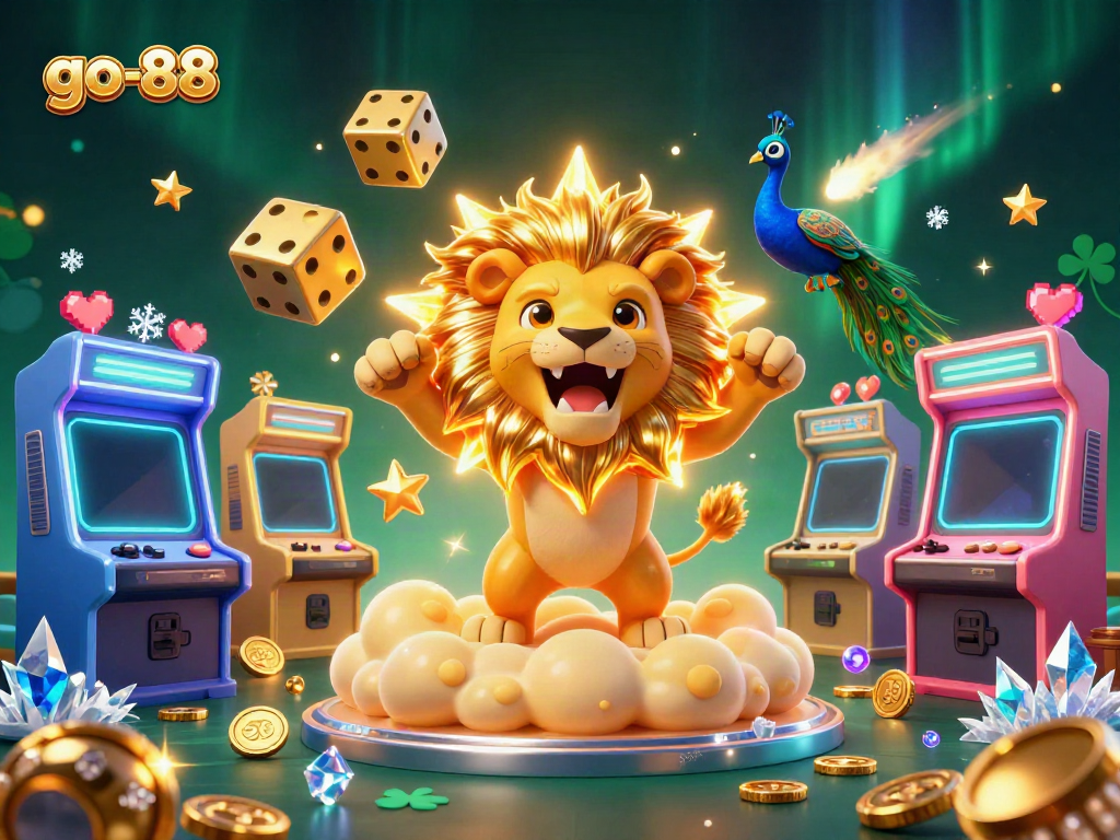 Experience thrilling gaming at go-88, illustrated with a vibrant scene of a lion and casino gaming elements.