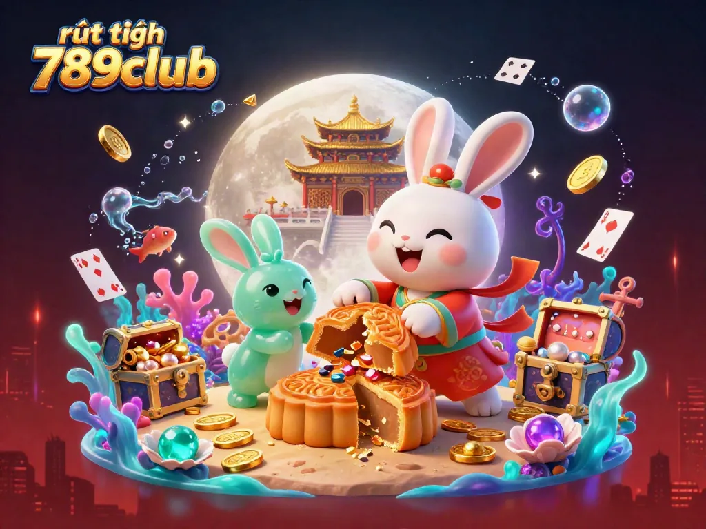 Engage with rút tiền 789club in this vibrant 3D scene featuring a moon rabbit crafting mooncakes that reveal poker chips.
