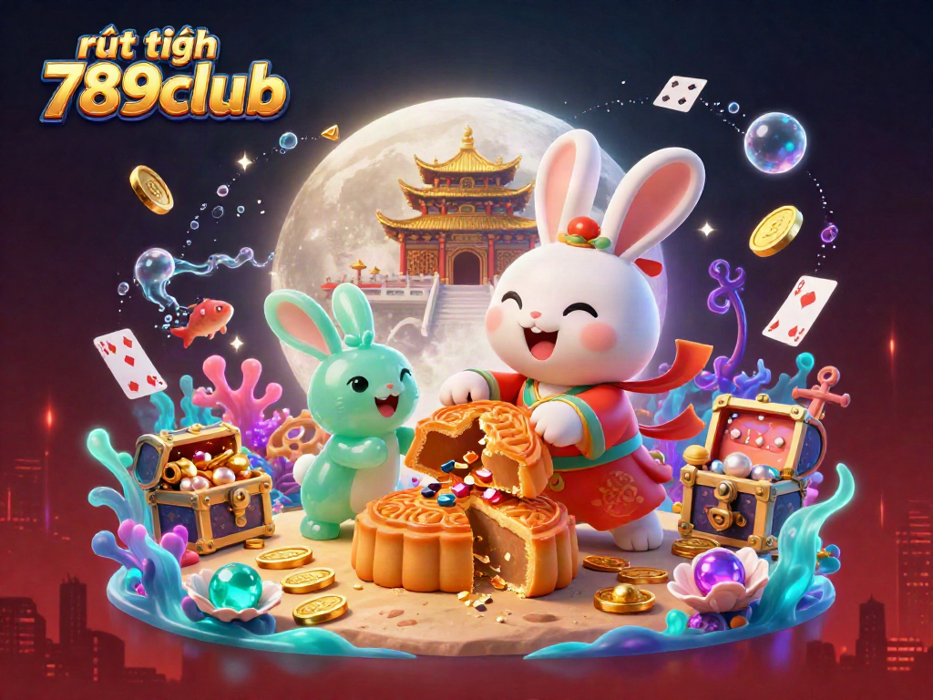 Engage with rút tiền 789club in this vibrant 3D scene featuring a moon rabbit crafting mooncakes that reveal poker chips.