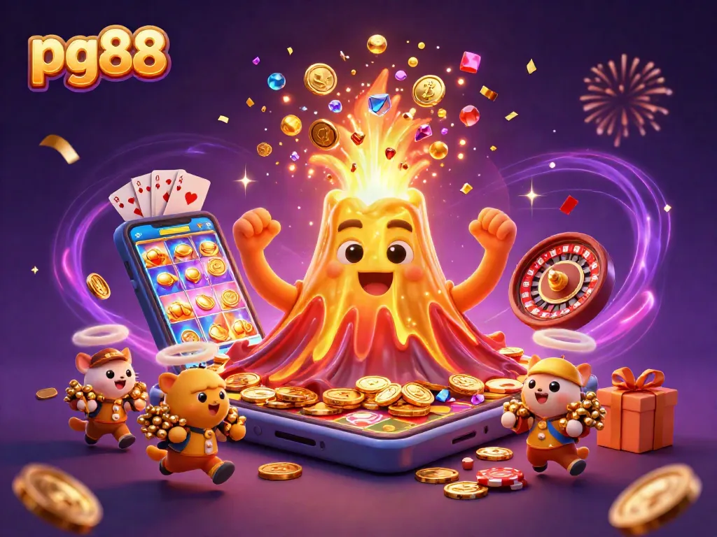 Experience thrilling wins at pg88 with a golden volcano erupting treasure and gaming excitement.