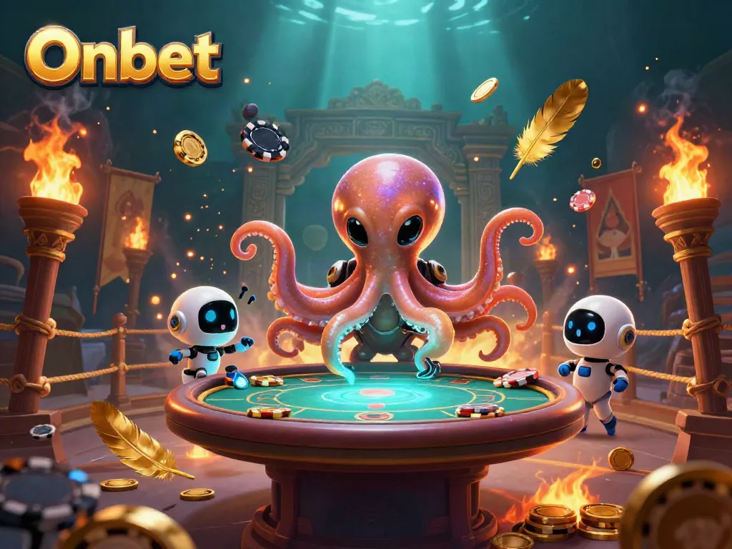 Onbet showcases an alien octopus playing poker surrounded by vibrant casino elements.