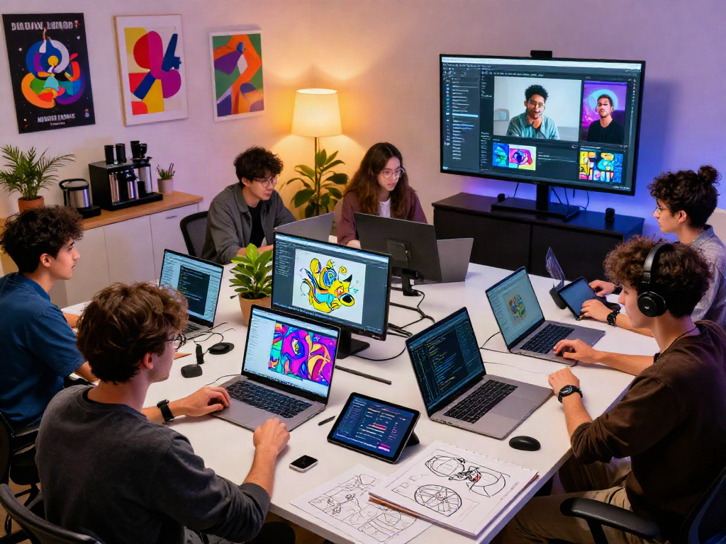 Diverse artists collaborating on innovative NSFW AI projects in dynamic studio.