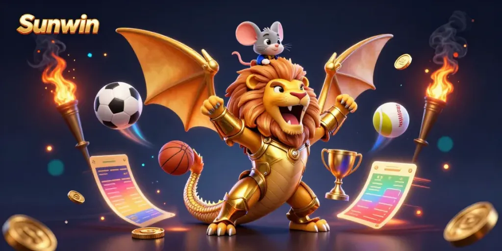 Engage with the exciting world of Sunwin, featuring a vibrant gold-armored chimera and sports elements.