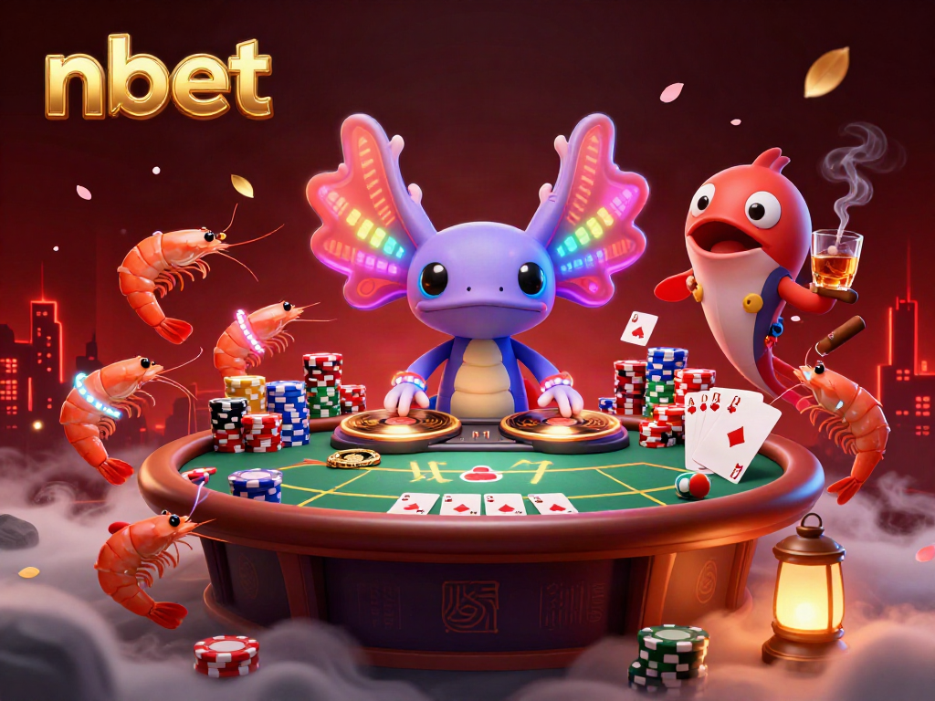 Experience the vibrant world of nbet with a neon axolotl DJ, dancing shrimp, and dynamic poker elements.
