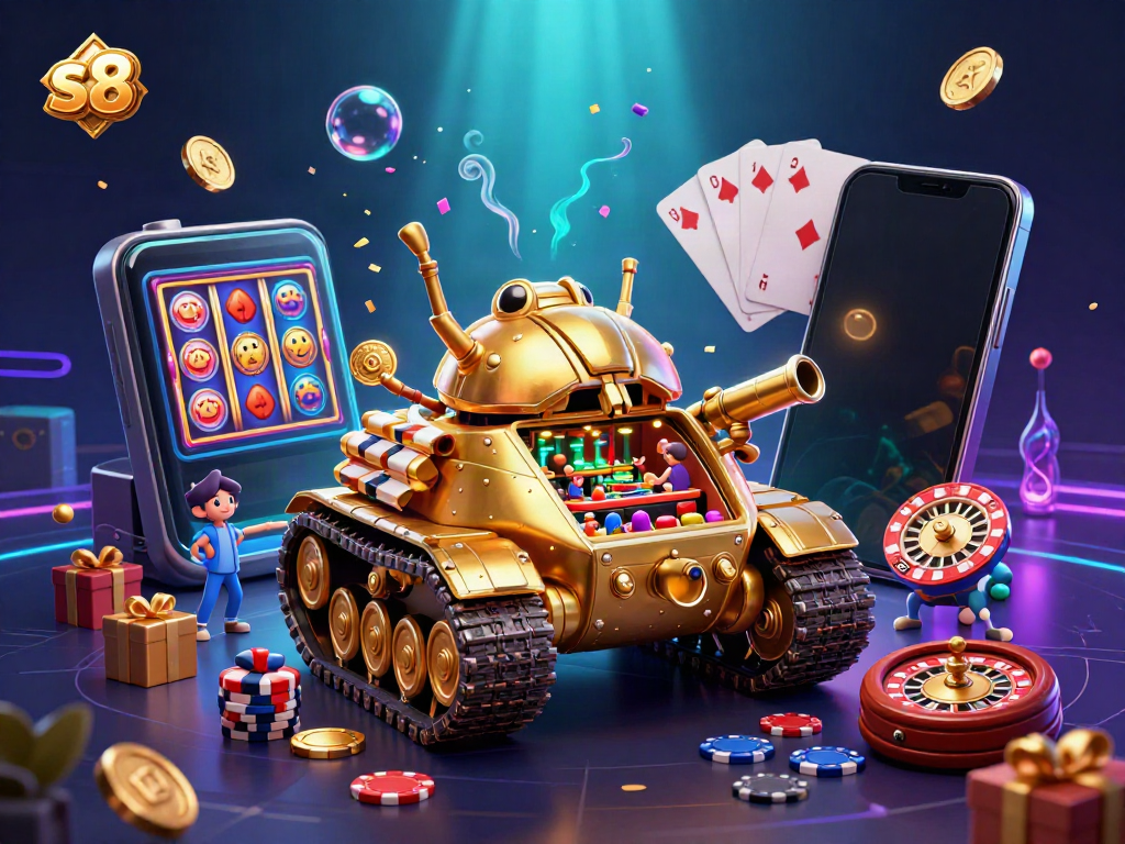 Experience thrilling gameplay with the S8’s vibrant casino-inspired illustration, showcasing dynamic gaming elements.