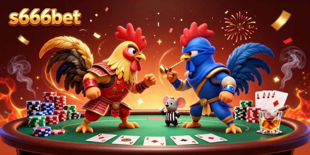 Engage with thrilling action on s666bet featuring a dramatic rooster showdown amidst poker elements.