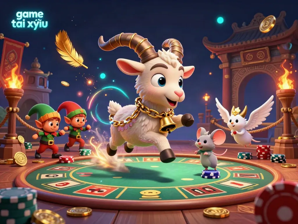 Experience the thrill of game tài xỉu in this animated casino scene featuring a playful Krampus goat and mischievous gremlins.