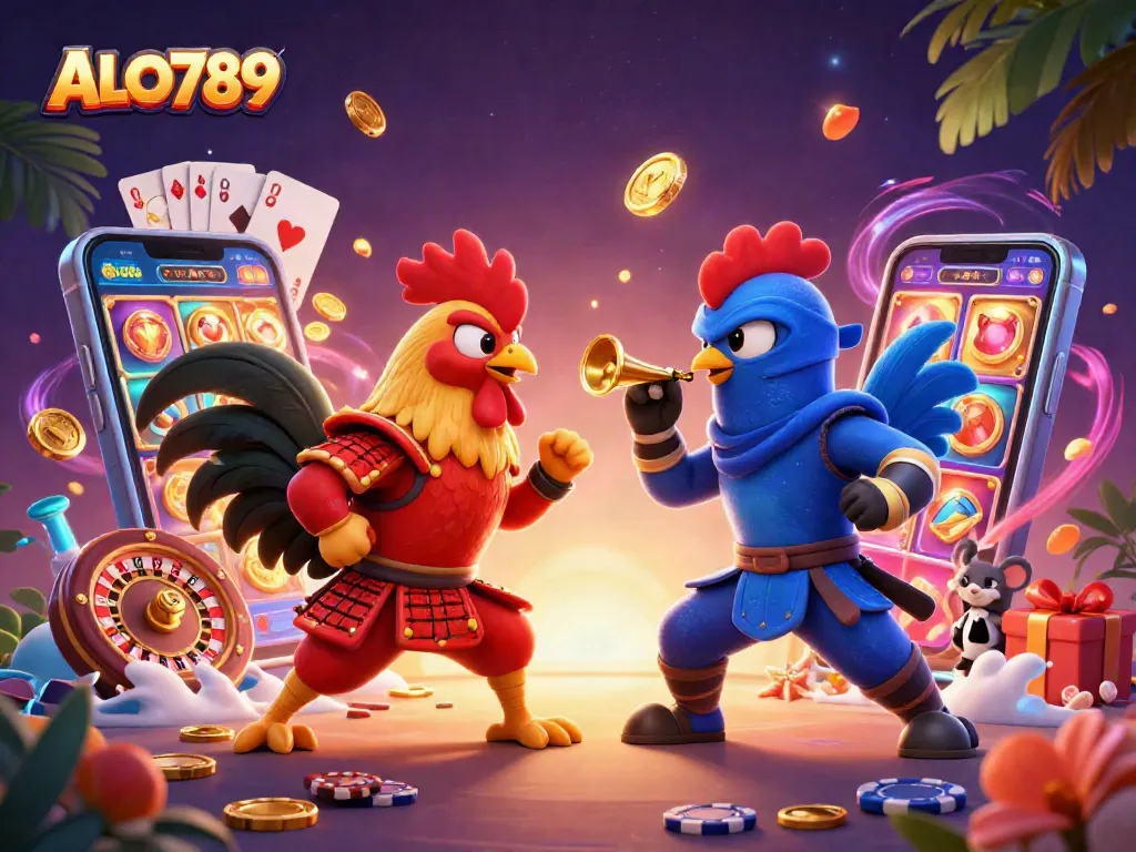 Engage in thrilling action with ALO789’s dynamic fighting rooster illustration, showcasing a dramatic duel enriched with vibrant casino elements.
