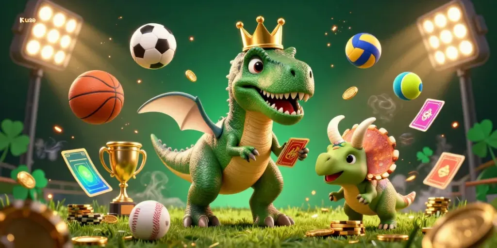 ku88 offers an exciting scene with a T-Rex shuffling cards alongside casino elements, perfect for gaming enthusiasts.