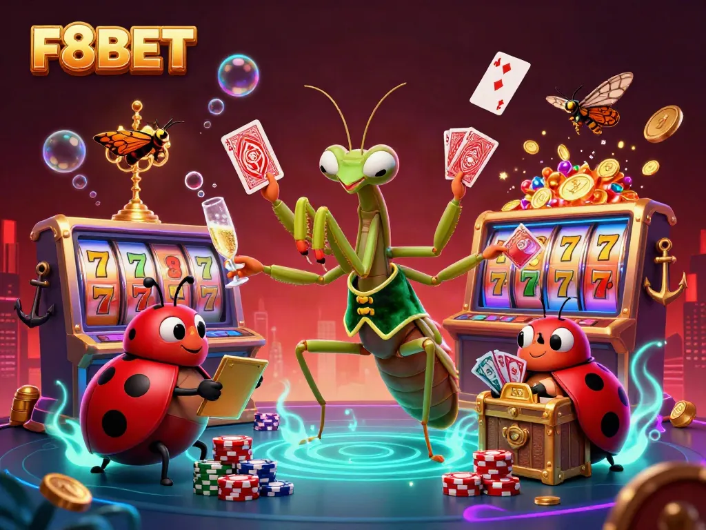 Experience thrilling gameplay at F8BET with a giant praying mantis dealer and ladybug pit boss in a vibrant casino scene.