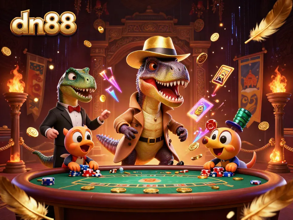 dn88 gaming scene with animated velociraptor playing cards and an engaging casino atmosphere