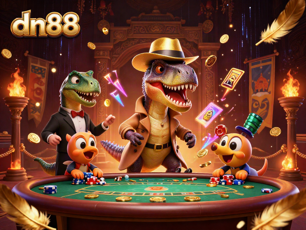 dn88 gaming scene with animated velociraptor playing cards and an engaging casino atmosphere