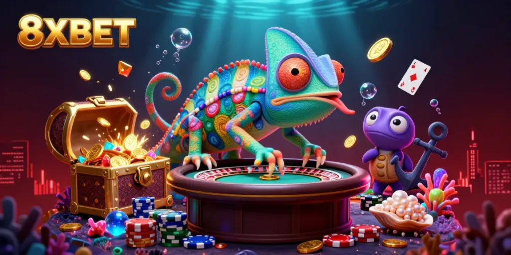 8XBET promotions illustrated in a vibrant casino scene with games and colorful characters.