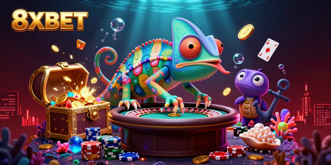 8XBET promotions illustrated in a vibrant casino scene with games and colorful characters.