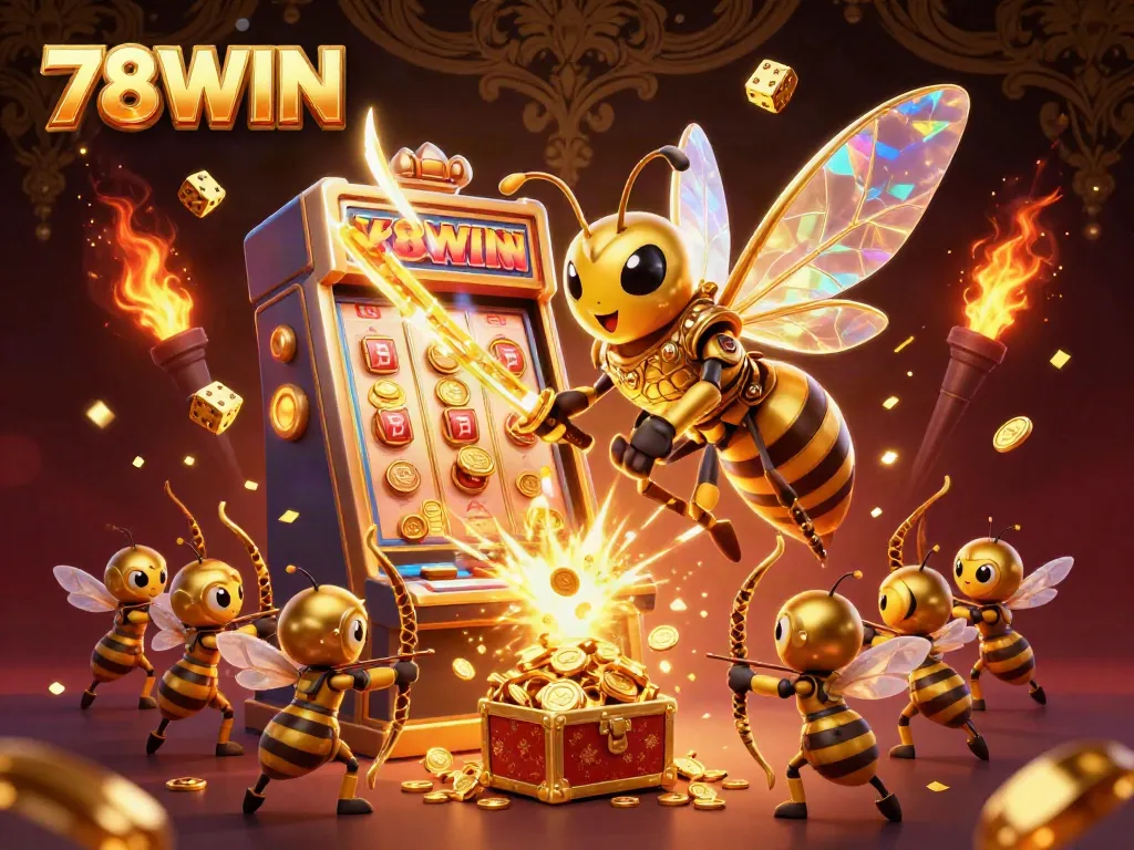 Experience the exhilarating wins at 78WIN with our vibrant jackpot scene showcasing a slot machine and golden characters.