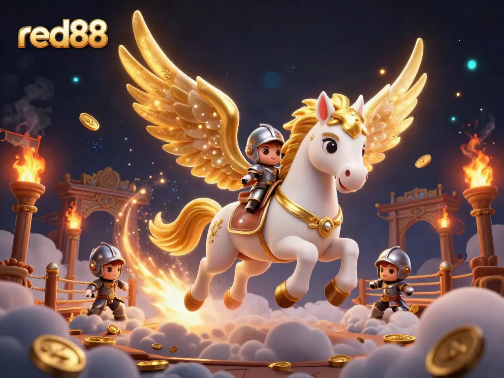Experience the thrilling action of red88 in a vibrant 3D gambling illustration with a celestial theme.