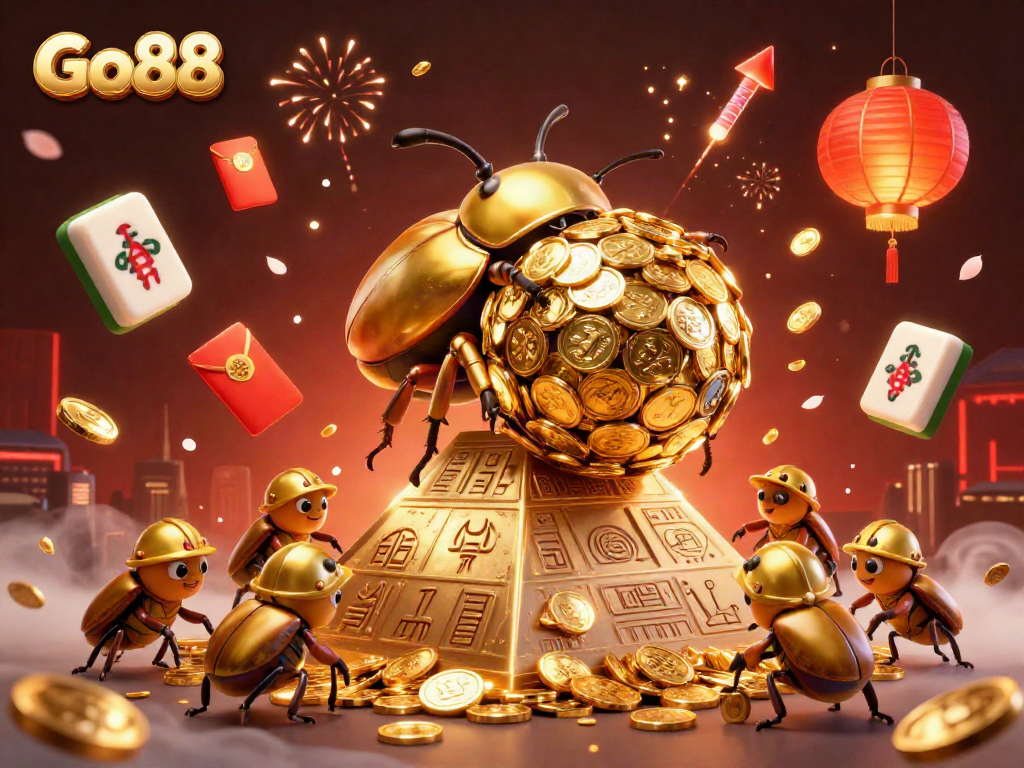 Experience the thrilling world of Go88 with a dynamic casino scene featuring golden beetles and vibrant elements.