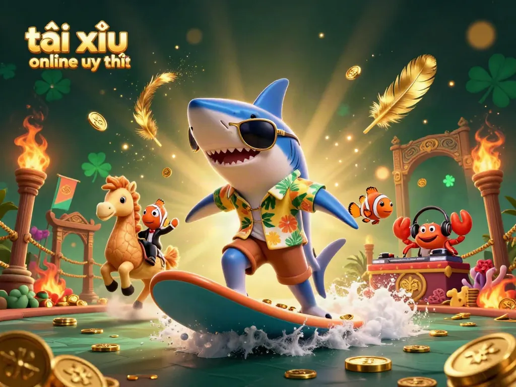 Tài xỉu online uy tín fun illustration highlighting a hammer-head shark surfing on gold coins.