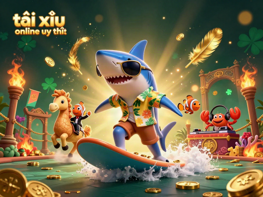 Tài xỉu online uy tín fun illustration highlighting a hammer-head shark surfing on gold coins.