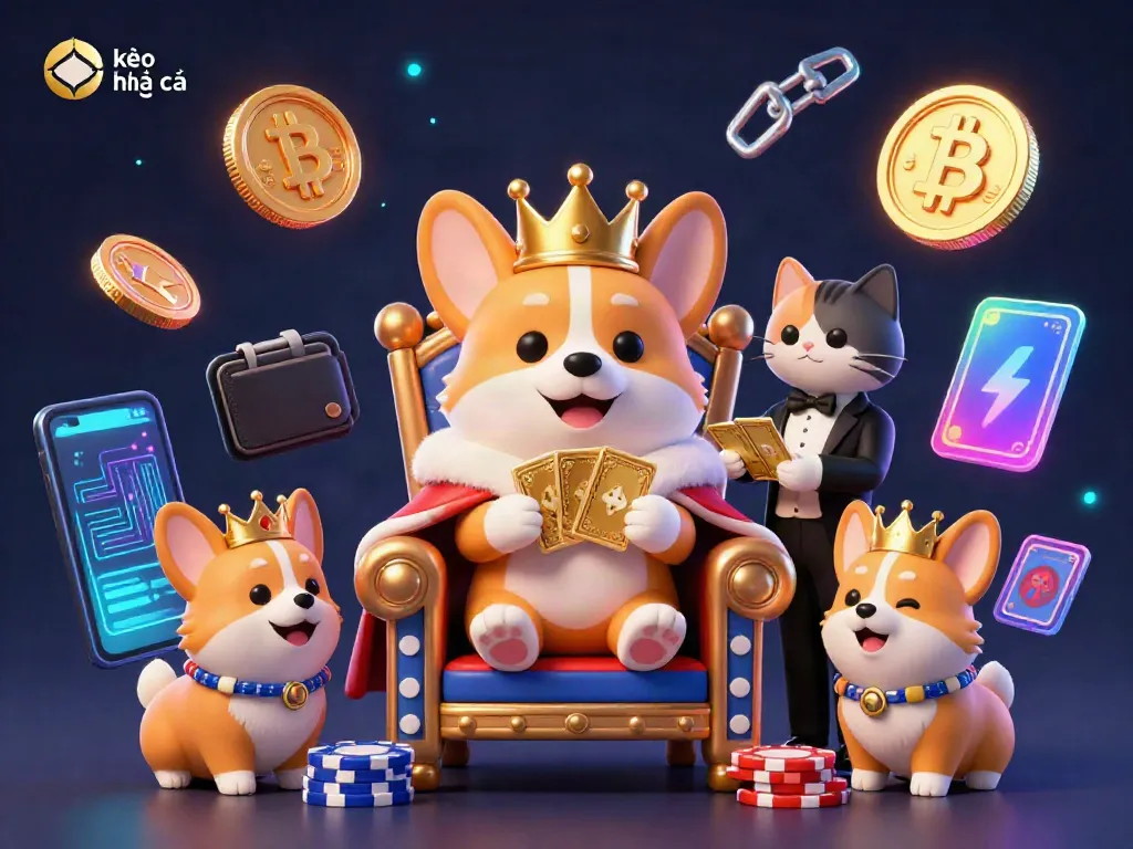 Engaging kèo nhà cái scene showcasing a royal corgi on a poker chip throne, surrounded by betting excitement and crypto elements.