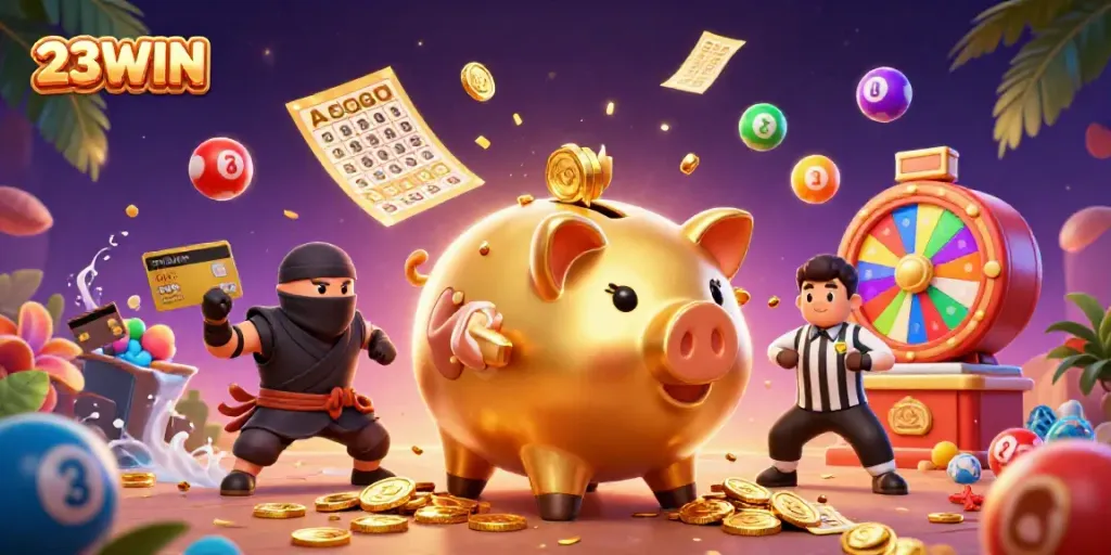 Engage with 23WIN's dynamic gaming scene featuring lively cartoon characters amidst cascading golden coins and vibrant lottery elements.