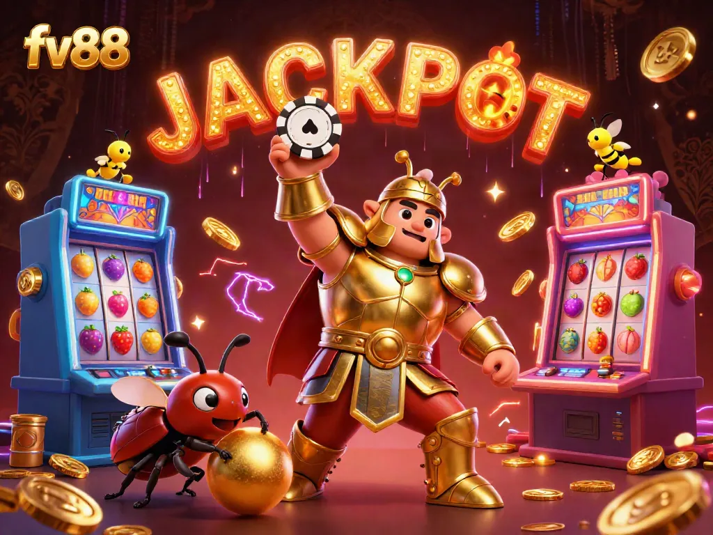 Experience thrilling fun at fv88 with a victorious hercules beetle rejoicing in a vibrant jackpot celebration.