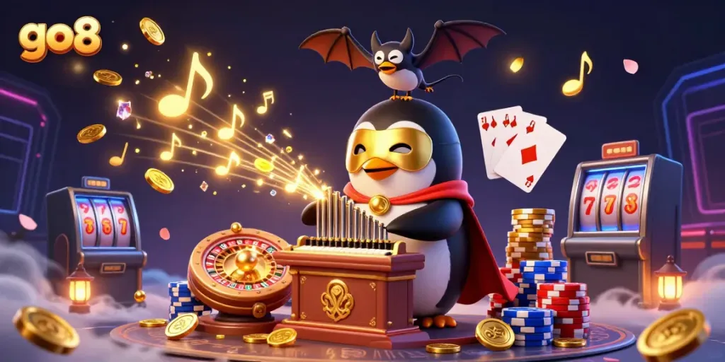 Experience thrilling casino action with go8 as a penguin plays an organ of golden coins.