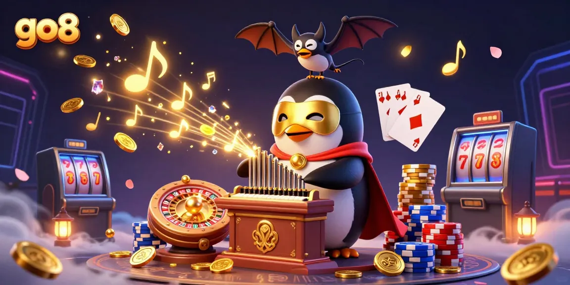 Experience thrilling casino action with go8 as a penguin plays an organ of golden coins.