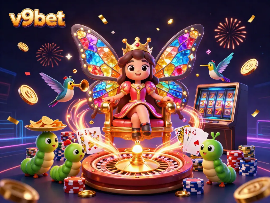 Engage in thrilling gameplay with v9bet, featuring vibrant casino characters and festive elements.