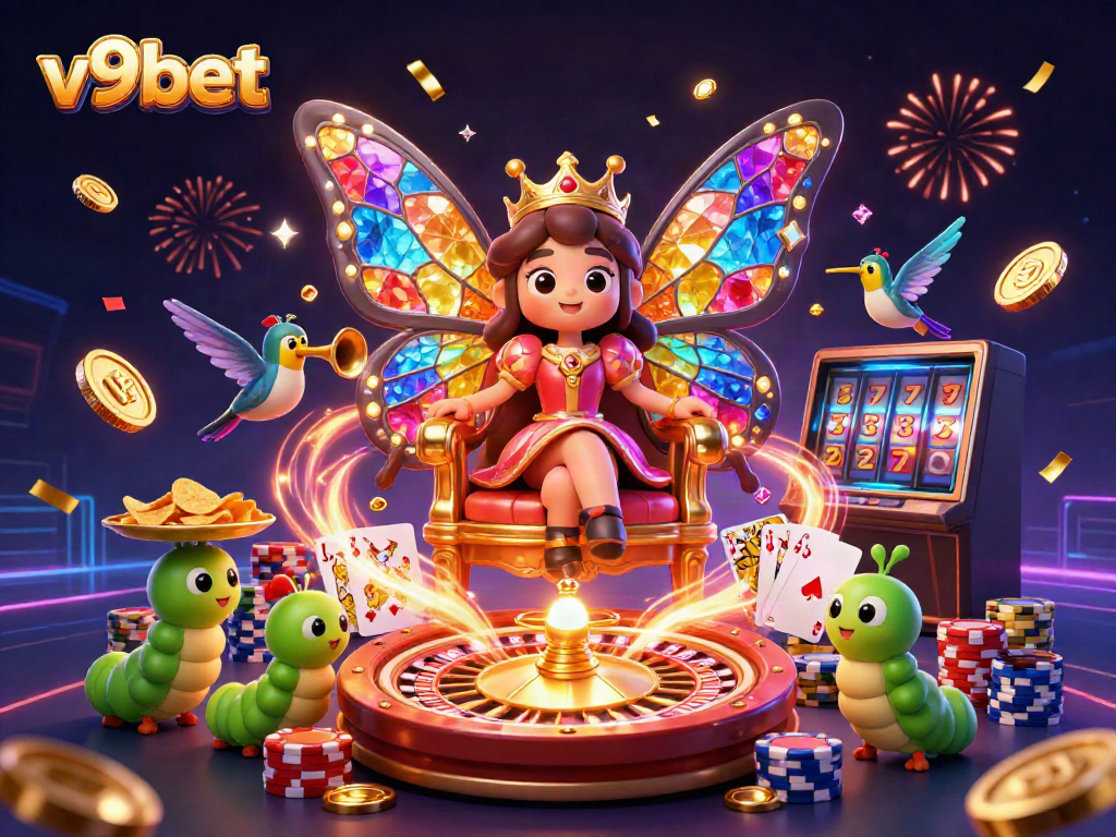 Engage in thrilling gameplay with v9bet, featuring vibrant casino characters and festive elements.