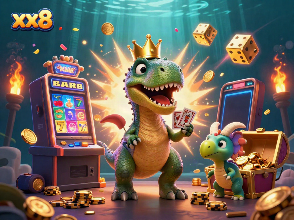 Experience thrilling wins with xx8 as a playful T-Rex shuffles cards amid a vibrant casino scene.