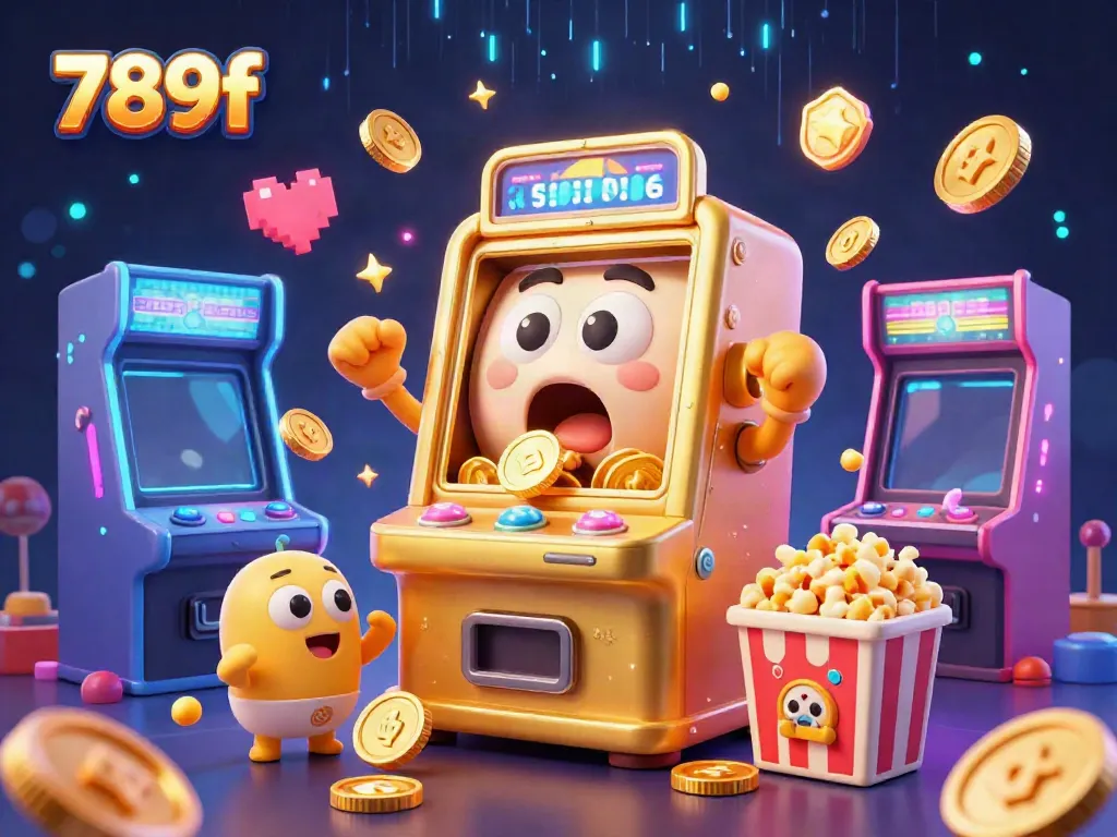 Experience the excitement of 789f with a lively 3D jackpot scene featuring golden slot machines and arcade games.