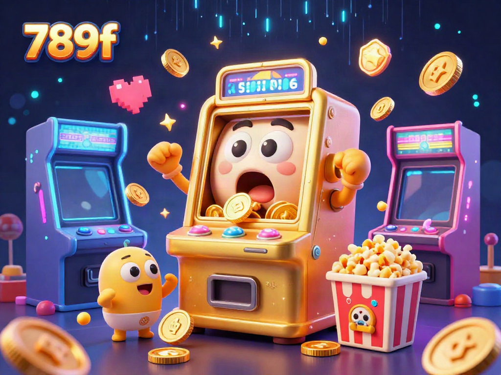 Experience the excitement of 789f with a lively 3D jackpot scene featuring golden slot machines and arcade games.