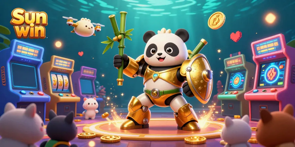 Engage with the vibrant gaming world of Sun win featuring a mech-suit panda in a lively gambling arena.