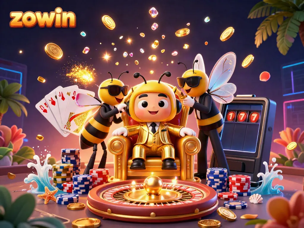 Zowin's vibrant casino experience depicted through a cartoon bumblebee mob boss and game elements showcasing action and excitement.