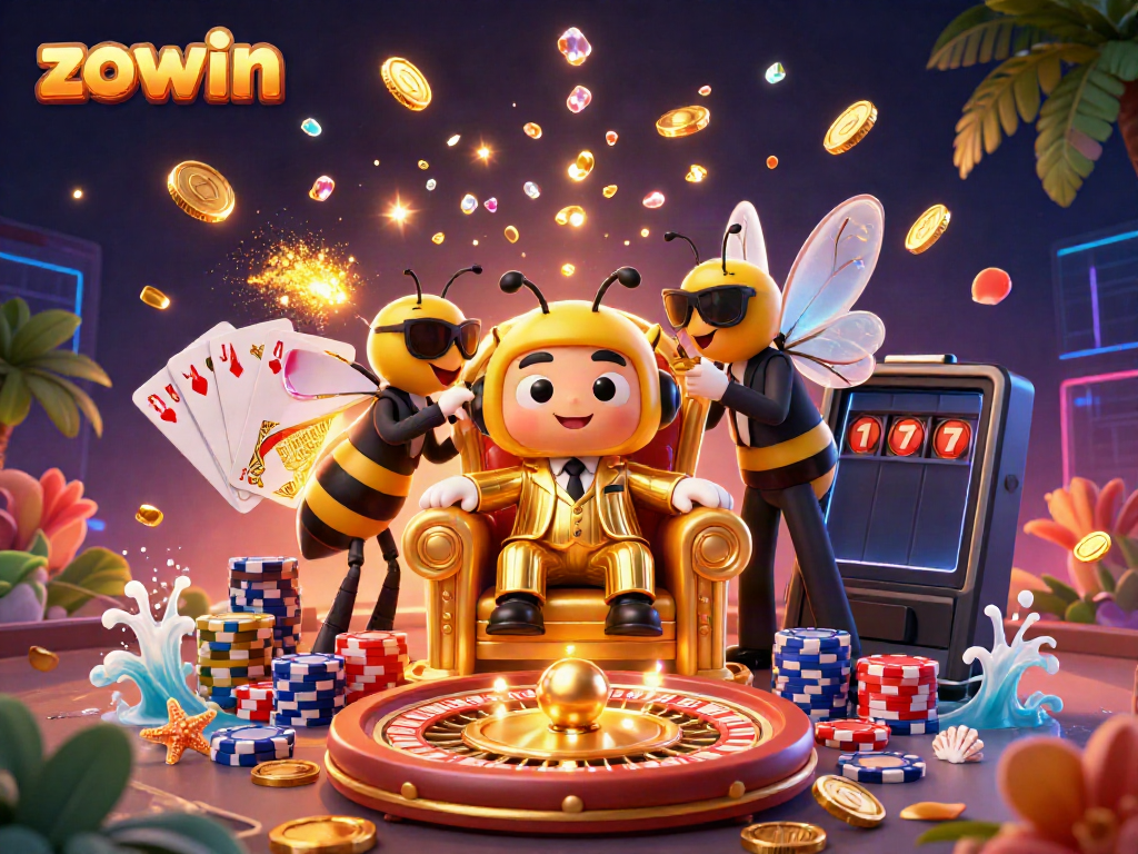 Zowin's vibrant casino experience depicted through a cartoon bumblebee mob boss and game elements showcasing action and excitement.