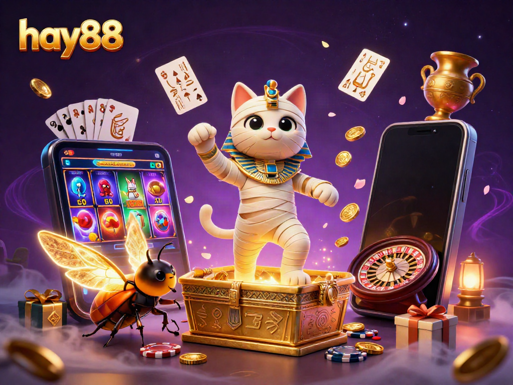 Experience exciting gameplay at hay88 with a cartoon Egyptian mummy cat in a vibrant casino.