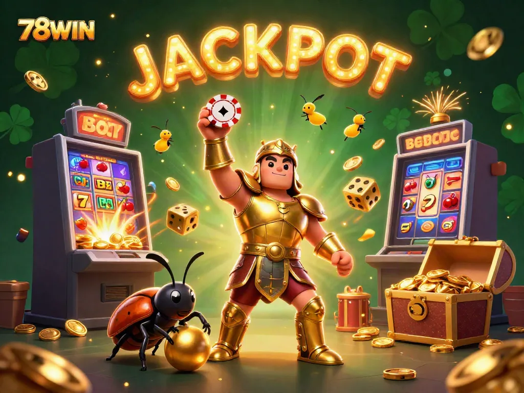 Engaging 78WIN scene with cartoon characters celebrating a jackpot victory amidst dazzling casino elements.