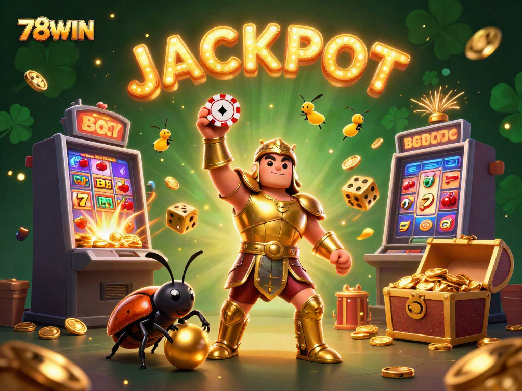 Engaging 78WIN scene with cartoon characters celebrating a jackpot victory amidst dazzling casino elements.