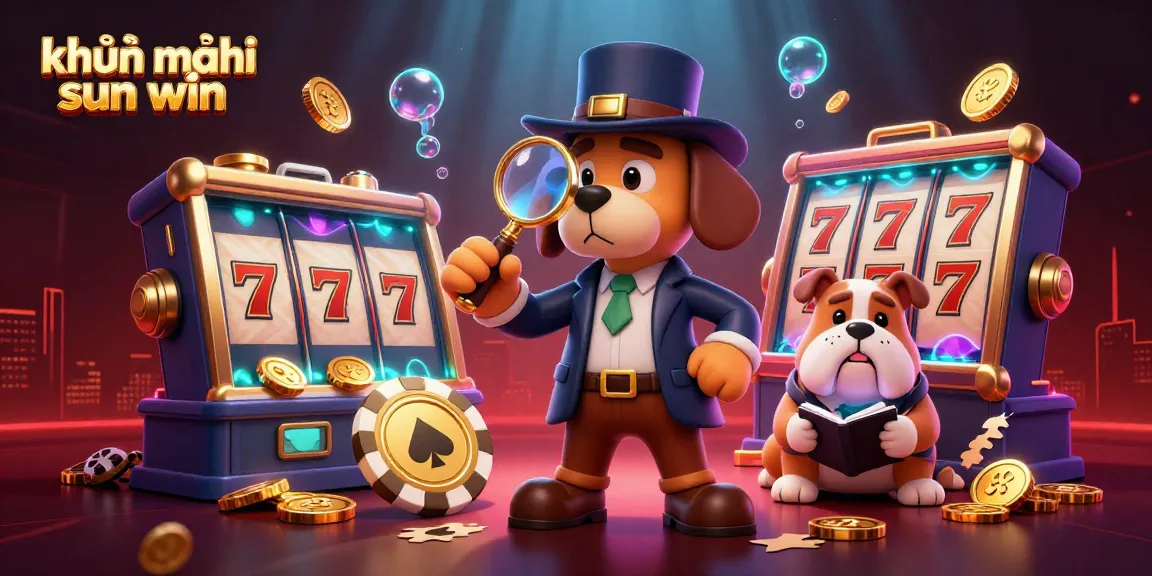 Engage with khuyến mãi sun win as cartoon detective bloodhound uncovers golden poker chip clues amidst vibrant casino scenes.