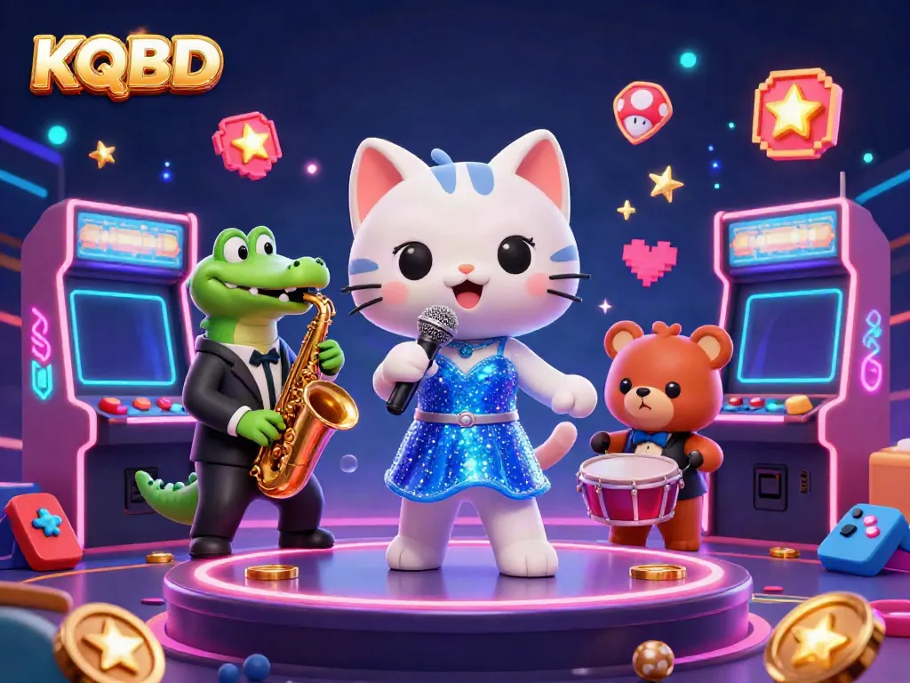 Witness KQBD's energetic scene with a jazz-singing cat, crocodile, and bear in a vibrant casino.